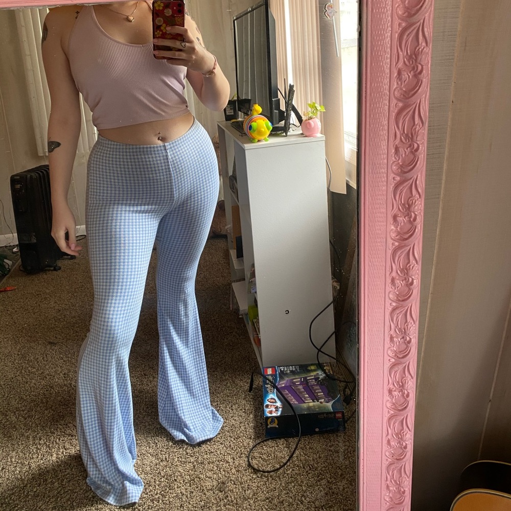 Blue Gingham Flare Pants